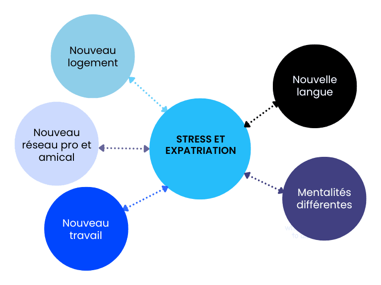Stress et expatriation : nouveau logement, nouvelle langue, mentalités différentes, nouveau travail, nouveau réseau amical.